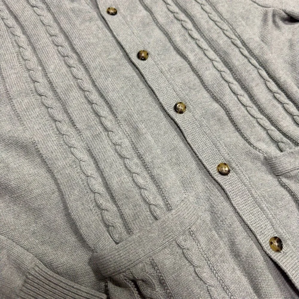 JCrew Cable Knit Collared Cardigan Sweater Mens XL Grey Button Front Cotton